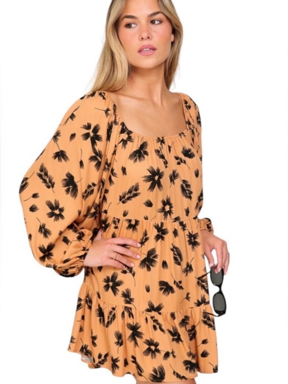 NEW Lumiere camel Floral Smock Mini Dress with Puff Sleeves size Large